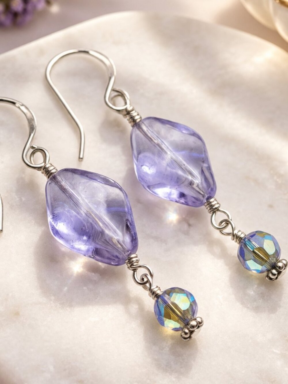 Handmade Periwinkle Iridescent Drop Earrings Blue Purple Shimmer Dangle